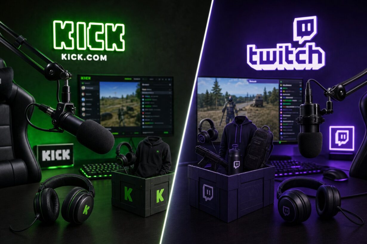 Side-by-side comparison of Kick and Twitch streaming setups, each featuring branded microphones, headphones, merchandise, and monitors displaying their respective platforms
