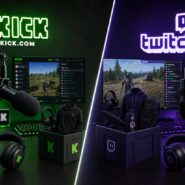 Side-by-side comparison of Kick and Twitch streaming setups, each featuring branded microphones, headphones, merchandise, and monitors displaying their respective platforms
