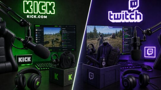 Side-by-side comparison of Kick and Twitch streaming setups, each featuring branded microphones, headphones, merchandise, and monitors displaying their respective platforms