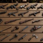 Collection of post-apocalyptic video game weapons displayed on a wooden table, including rifles, shotguns, crossbows, melee weapons, and bladed tools
