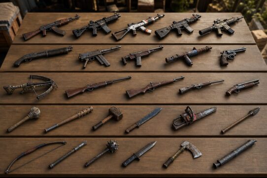 Collection of post-apocalyptic video game weapons displayed on a wooden table, including rifles, shotguns, crossbows, melee weapons, and bladed tools