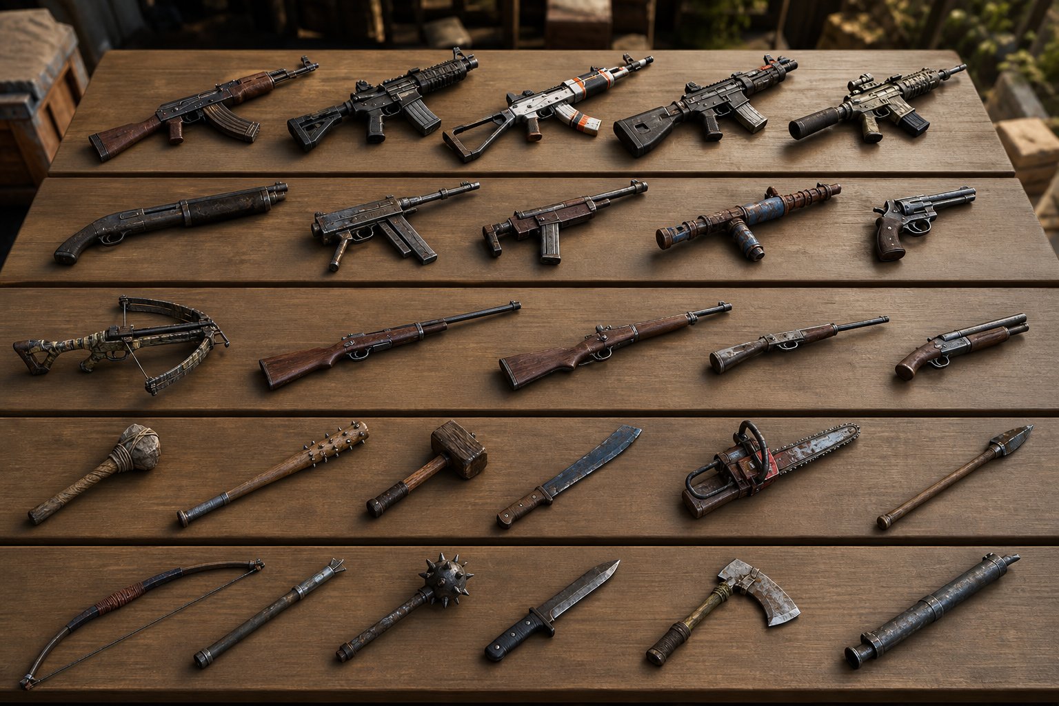 Collection of post-apocalyptic video game weapons displayed on a wooden table, including rifles, shotguns, crossbows, melee weapons, and bladed tools