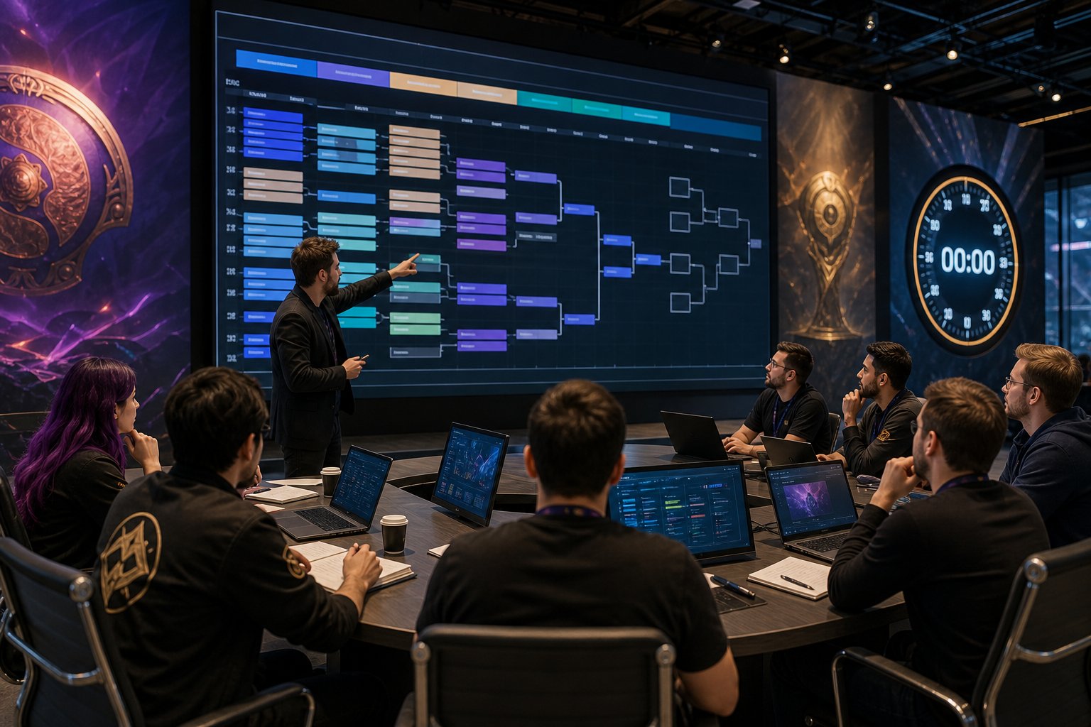 The International 2026: Schedule, Tickets, And Viewing 14 A group of professionals analyzing a large digital tournament schedule in a modern conference room.