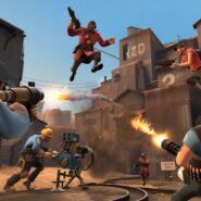 Team Fortress 2 promotional artwork showing RED and BLU team characters battling in an industrial setting with weapons and explosions