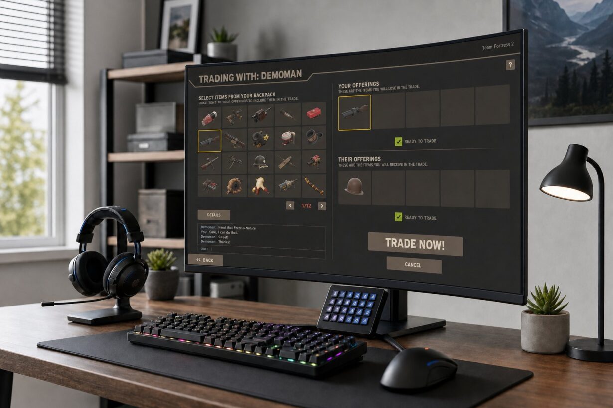 Team Fortress 2 trading interface on a gaming monitor showing an active item trade with Demoman, with a Trade Now button ready to confirm
