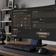 Team Fortress 2 trading interface on a gaming monitor showing an active item trade with Demoman, with a Trade Now button ready to confirm