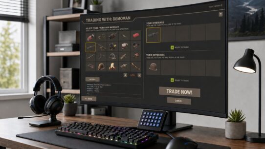 Team Fortress 2 trading interface on a gaming monitor showing an active item trade with Demoman, with a Trade Now button ready to confirm