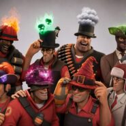 Team Fortress 2 characters wearing various cosmetic hats with magical and glowing effects