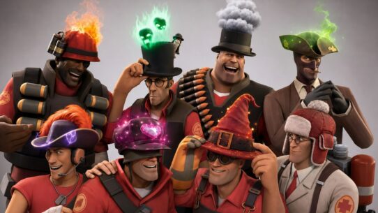 Team Fortress 2 characters wearing various cosmetic hats with magical and glowing effects