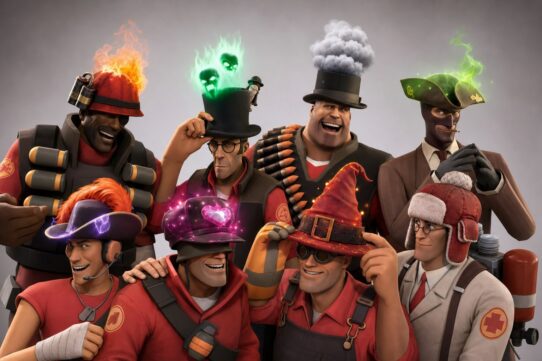 Team Fortress 2 characters wearing various cosmetic hats with magical and glowing effects
