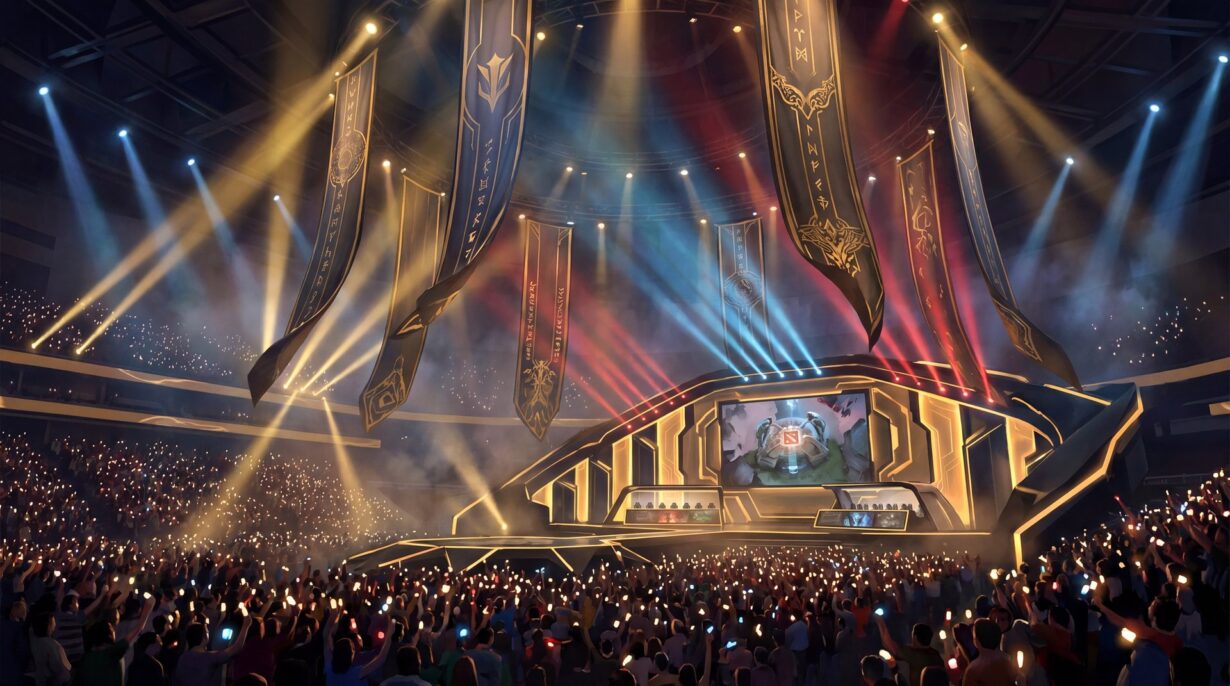 Illustrated esports arena packed with fans holding lights, dramatic stage with large banners and colorful spotlights overhead
