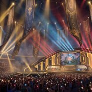Illustrated esports arena packed with fans holding lights, dramatic stage with large banners and colorful spotlights overhead