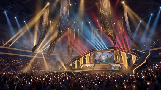 Illustrated esports arena packed with fans holding lights, dramatic stage with large banners and colorful spotlights overhead