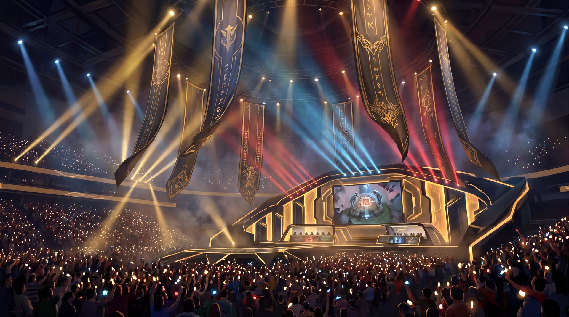 Illustrated esports arena packed with fans holding lights, dramatic stage with large banners and colorful spotlights overhead