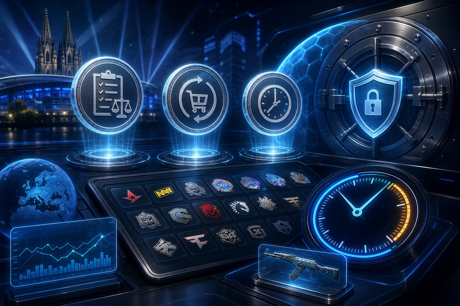 A futuristic digital interface showing glowing tokens, a protective shield icon, and a countdown timer representing token rules, refund protection, and pick'em timing.