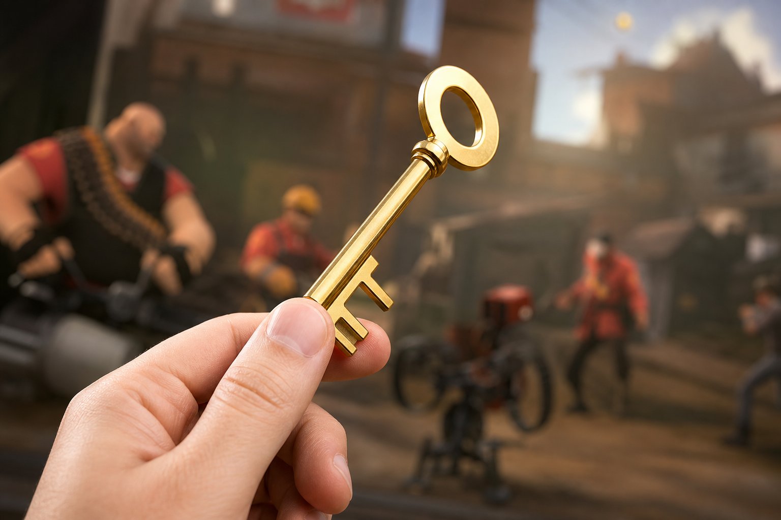 A hand holding a shiny metal key with a blurred gaming background.