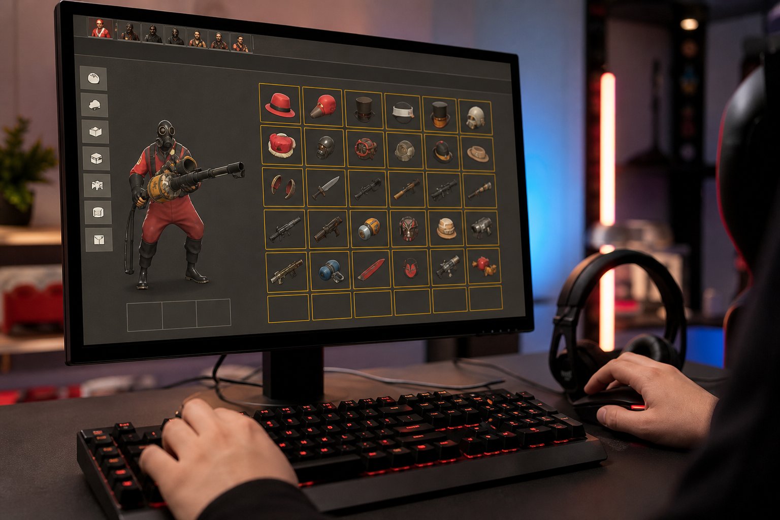 How To Get Free TF2 Items: Best Legit Methods 15 Close-up of a computer screen showing Team Fortress 2 game items with hands on a keyboard and mouse in a gaming setup.