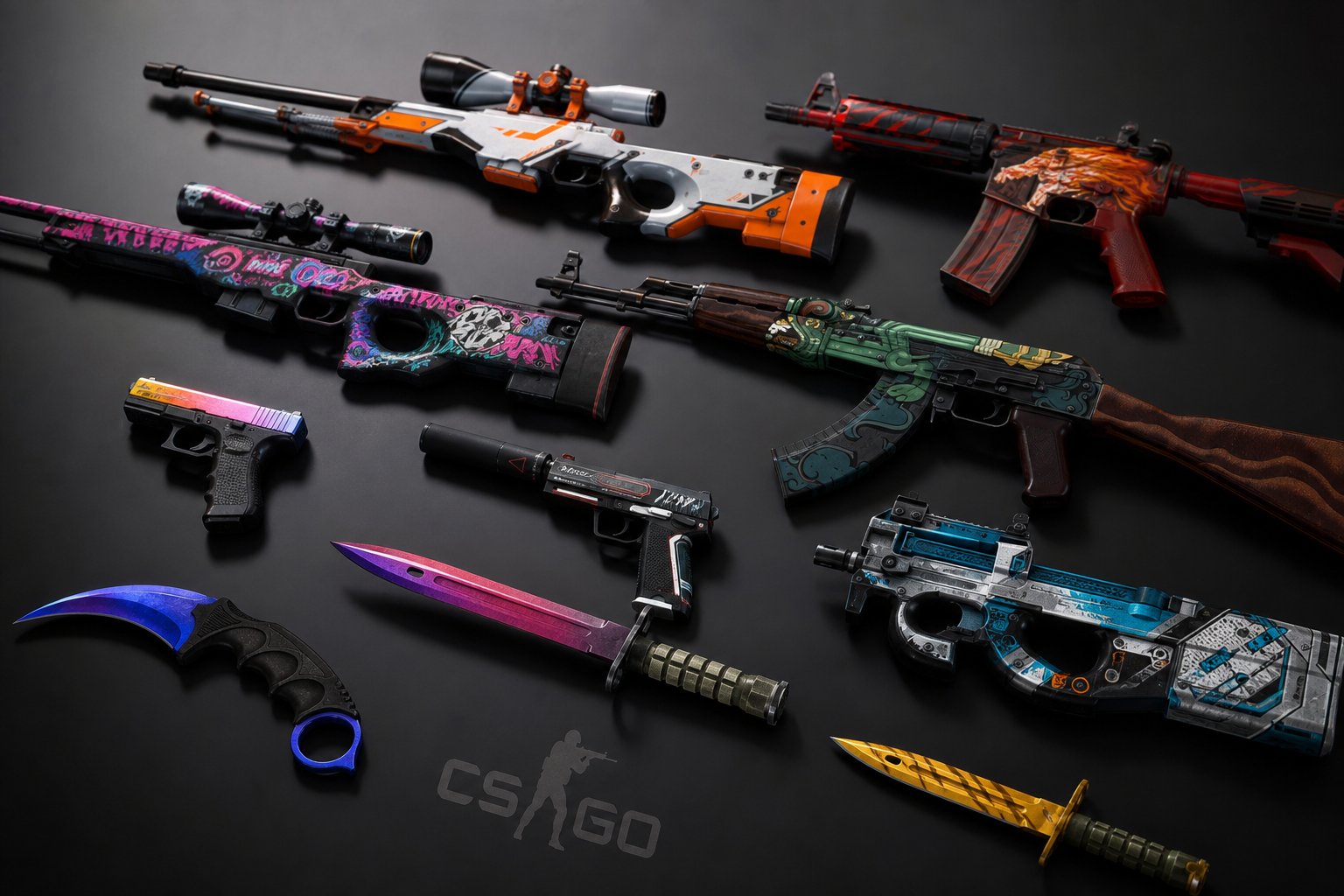 Most Iconic CS2 Skins And Dream Inventory Picks 14 A display of colorful and detailed virtual weapon skins from Counter-Strike 2 arranged on a dark surface with soft lighting.