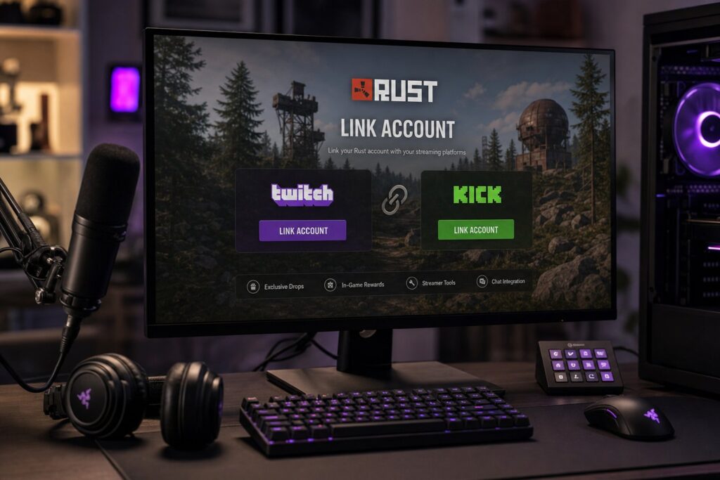 Rust Kick Drops Vs Twitch Drops: What Changes 16 Rust game's Link Account screen showing options to connect Twitch or Kick accounts for exclusive drops, in-game rewards, streamer tools, and chat integration