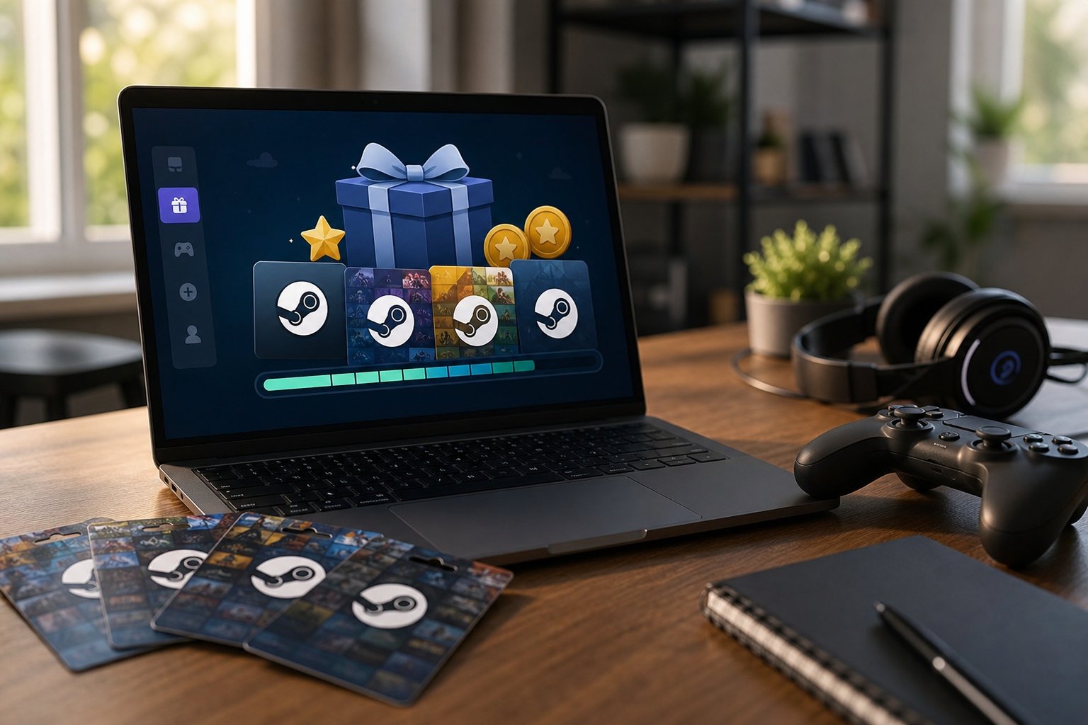 How To Get Free Steam Gift Cards: Legit 2026 Methods 16 A workspace with a laptop showing a rewards platform, Steam gift cards, and gaming accessories on a clean desk.