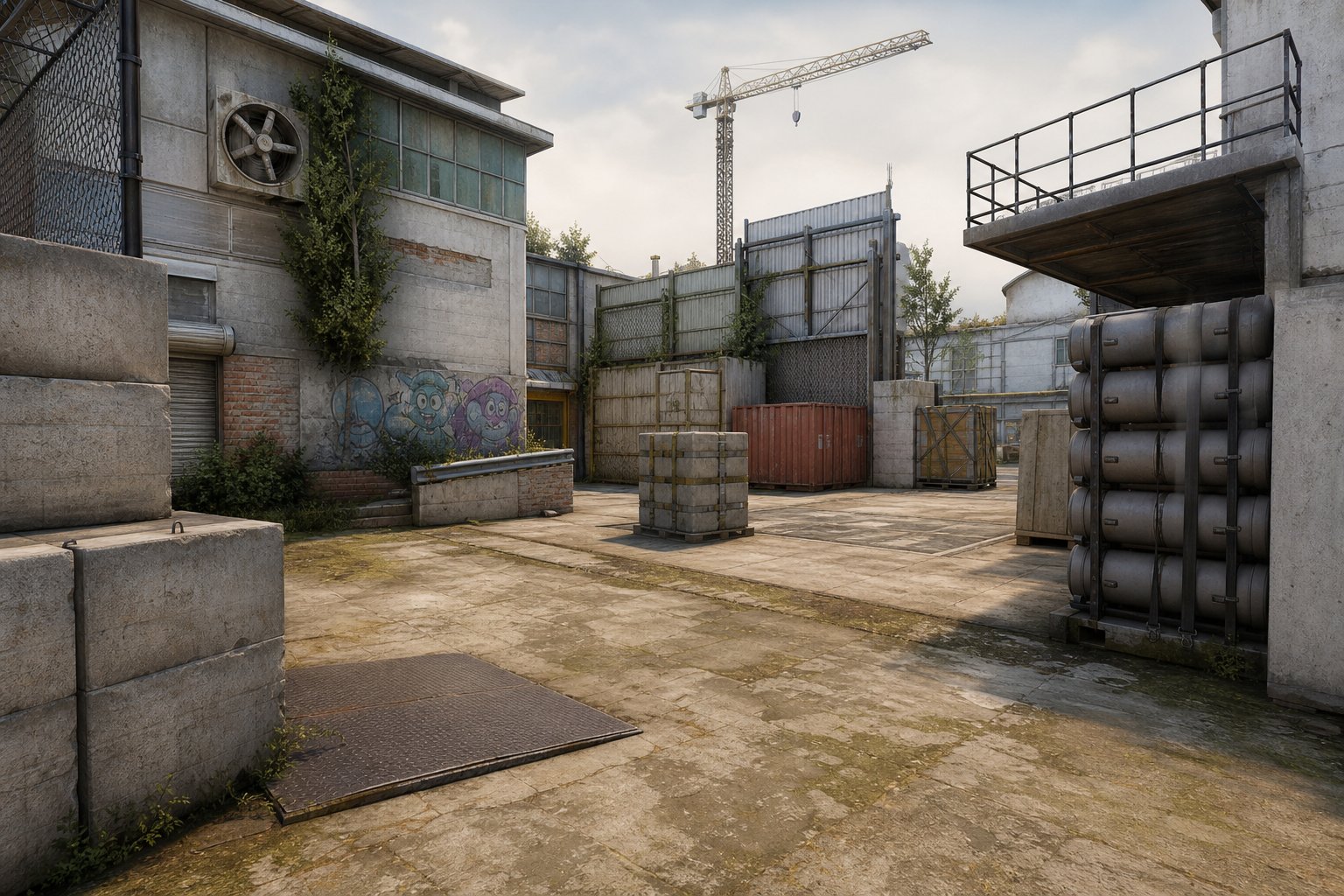 An industrial courtyard in a video game map with crates, barrels, graffiti, and a construction crane in the background