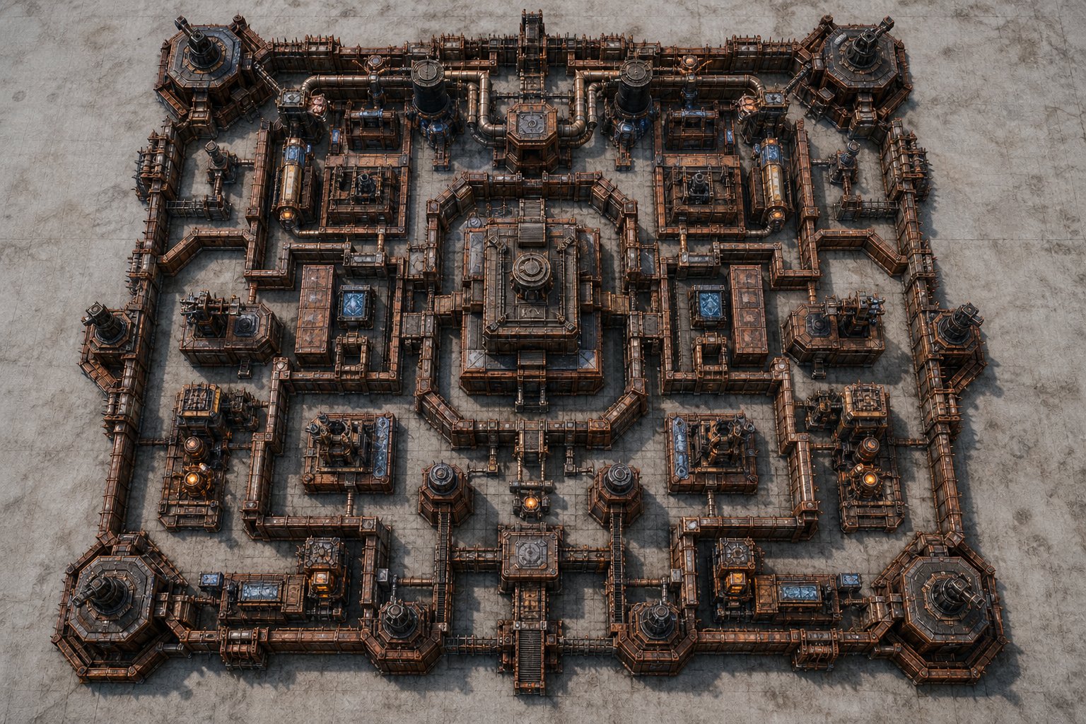 Rust Base Designs For Survival And Defense 14 Top-down view of a complex rust-colored industrial base layout with interconnected structures and defensive barriers.