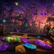 Colorful carnival tickets scattered on a wooden surface with a dark fantasy fairground featuring a Ferris wheel and carousel in the background