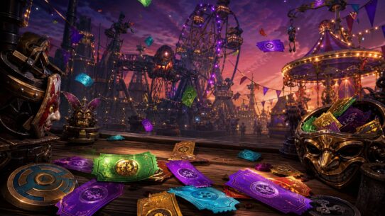 Colorful carnival tickets scattered on a wooden surface with a dark fantasy fairground featuring a Ferris wheel and carousel in the background