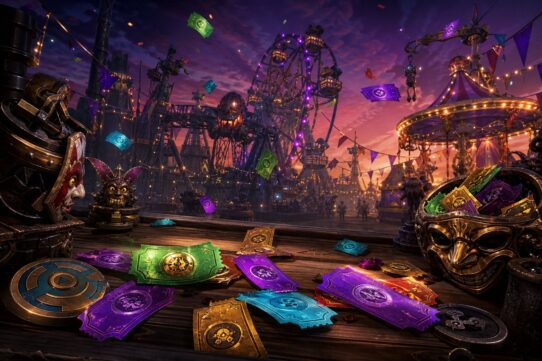 Colorful carnival tickets scattered on a wooden surface with a dark fantasy fairground featuring a Ferris wheel and carousel in the background