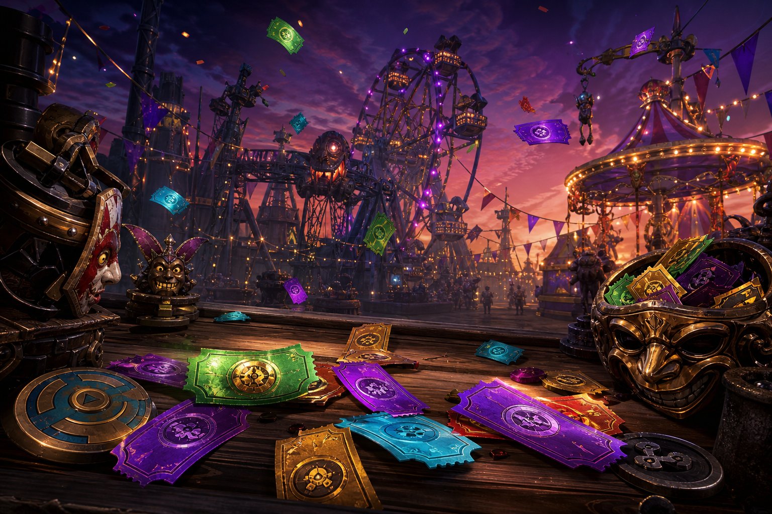 Colorful carnival tickets scattered on a wooden surface with a dark fantasy fairground featuring a Ferris wheel and carousel in the background