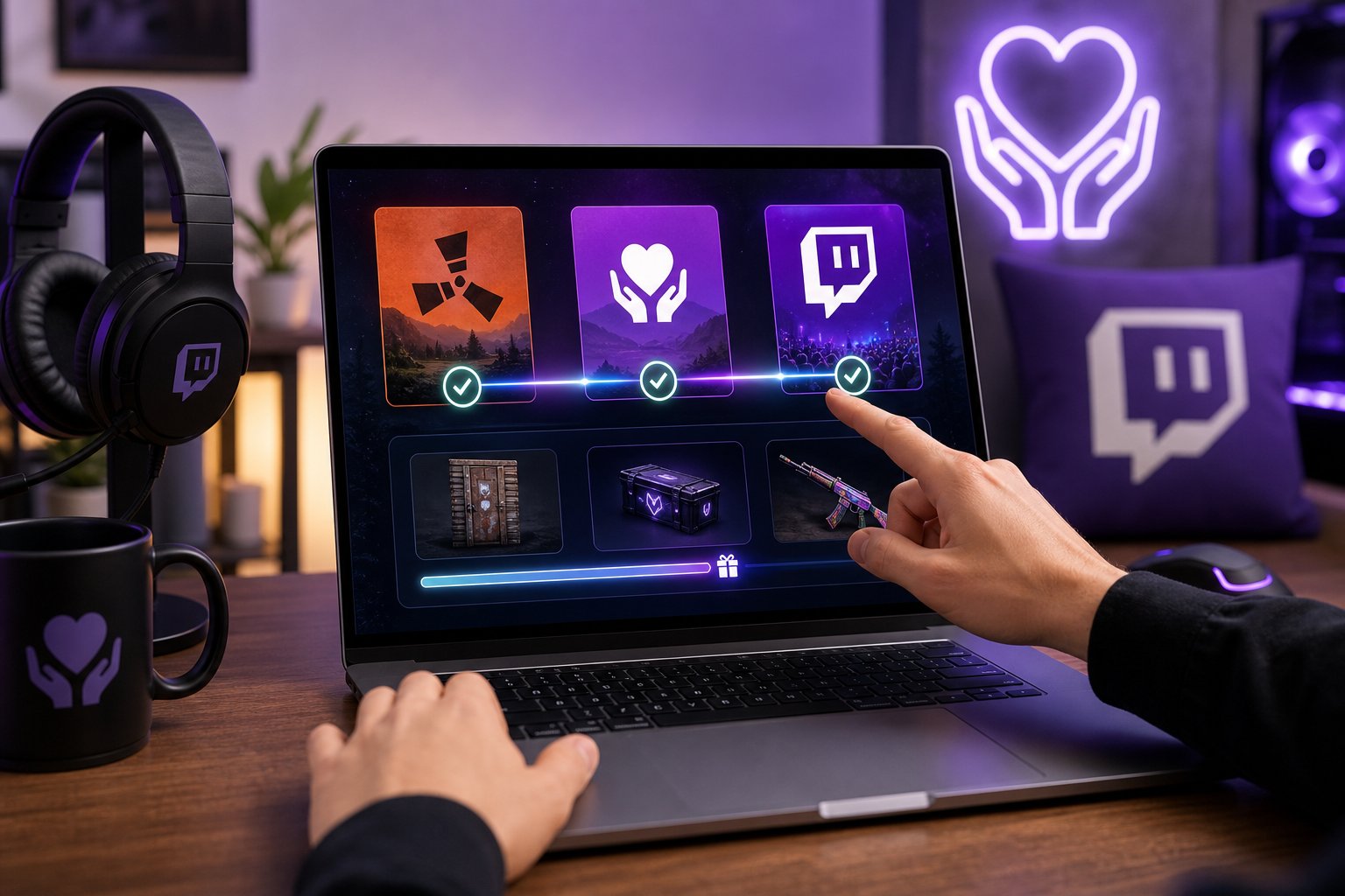 Rust Charity Twitch Drops: 2026 Event Guide 18 A person using a laptop showing a colorful dashboard with gaming and charity icons, surrounded by gaming accessories.