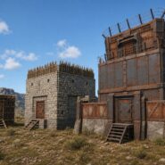 Three fortified structures in a survival game: a wood-frame hut, a stone tower with spike defenses, and a large rusted metal tower with barbed wire