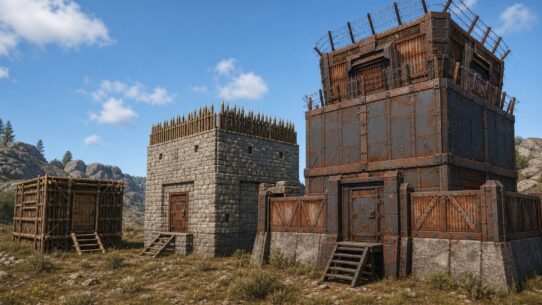 Three fortified structures in a survival game: a wood-frame hut, a stone tower with spike defenses, and a large rusted metal tower with barbed wire