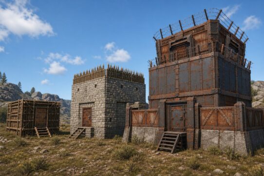 Three fortified structures in a survival game: a wood-frame hut, a stone tower with spike defenses, and a large rusted metal tower with barbed wire