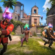 Team Fortress 2 characters in combat, featuring a Soldier with a glowing skull hat, a Spy, and a Heavy with a minigun in an outdoor map