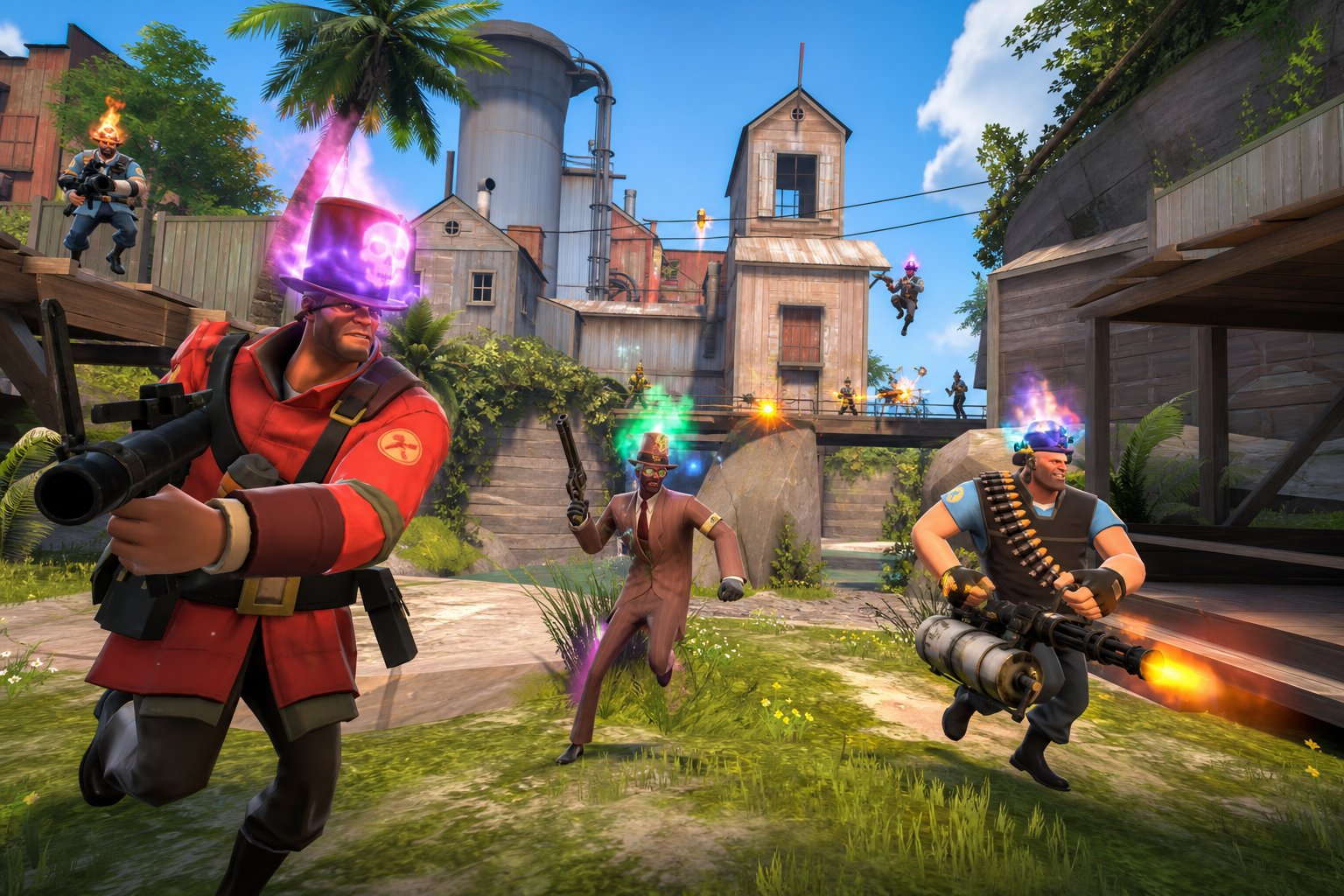 Team Fortress 2 characters in combat, featuring a Soldier with a glowing skull hat, a Spy, and a Heavy with a minigun in an outdoor map