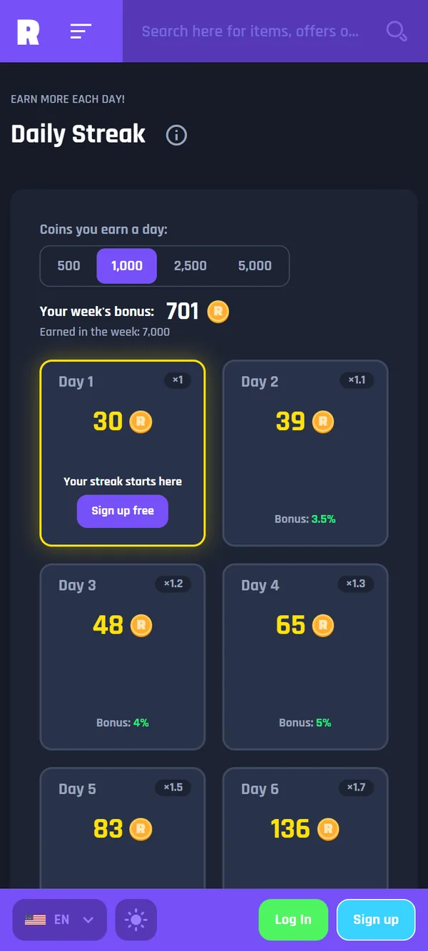 Siden Belønninger på en telefon, logget ud: den daglige streak beregnet ud fra 1.000 tjente coins om dagen, ugens bonus og de første seks dage med deres belønninger og multiplikatorer
