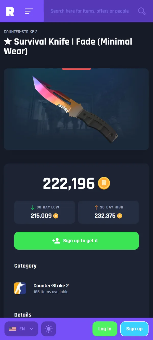 Die Artikelseite eines Messers aus Counter-Strike 2 auf dem Handy, abgemeldet: das Bild des Messers, darunter sein Preis mit dem Tiefst- und Höchstpreis der letzten 30 Tage, ein Button „Registrieren und sichern“ und unten die Auswahl für Sprache und Design neben „Anmelden“ und „Registrieren“