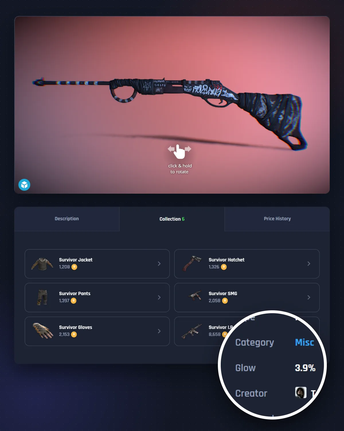 Uma skin Survivor BAR de Rust como modelo 3D interativo na galeria do item, com as outras seis skins da coleção Survivor na aba Coleção logo abaixo e uma lupa sobre uma linha Brilho que indica 3,9%