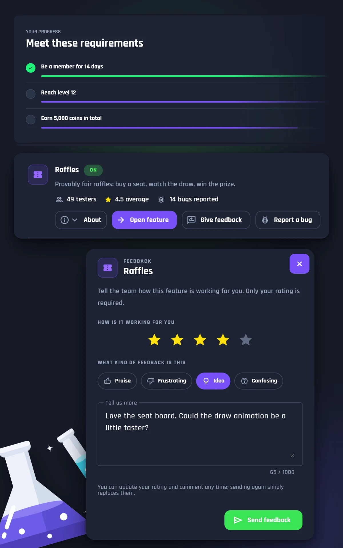 Labs 页面的三个部分上下排列，角落里是倾斜的 Labs 烧瓶：Meet these requirements 卡片，每项条件各有一条进度条；已打开的 Raffles 卡片，带有测试者人数、平均评分和 bug 报告数，旁边是 Open feature、Give feedback 和 Report a bug 按钮；还有填好的反馈对话框，四颗星、Idea 类型和一段留言，上方是 Send feedback 按钮